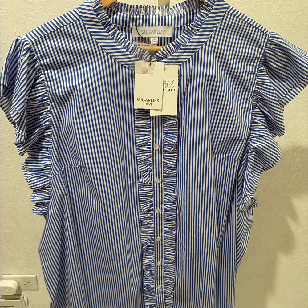 Sugarlips Blue and White Striped Ruffle Blouse